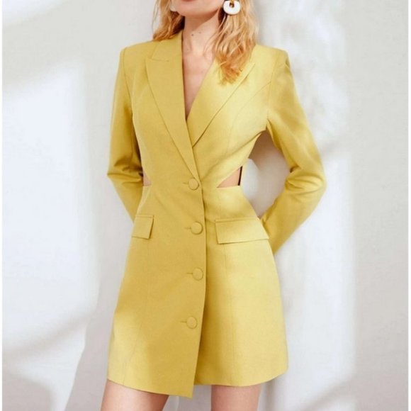side cut out buttoned blazer dress chic classy elegant fall winter trend yellow - Picture 6 of 7